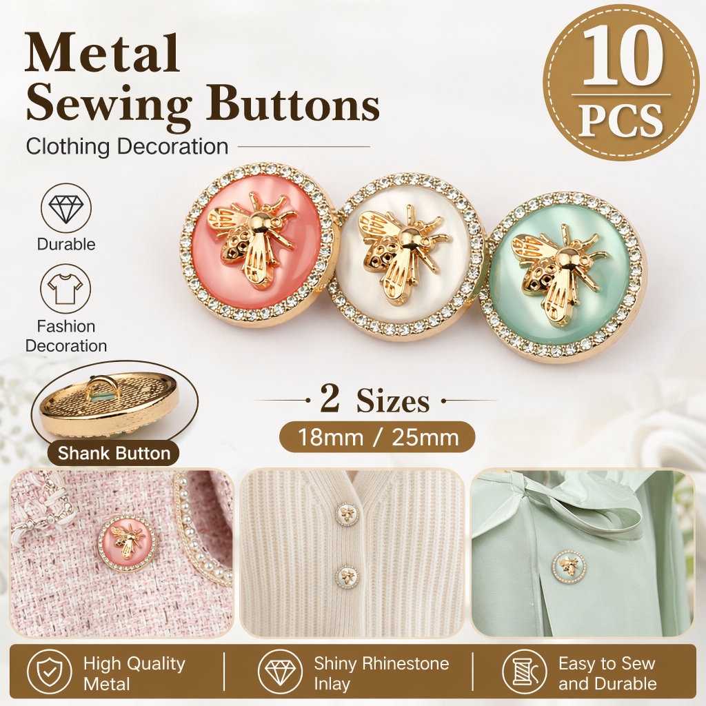 Button Hole Cutter - 10Pcs 라인스톤 꿀벌 금속 장식 단추,