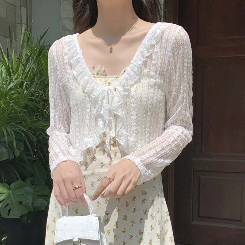 여성 여름 자외선 차단 코트 레이스 리본 러플 가디건  - Sewing V 리뷰 및 가격