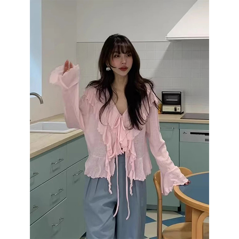 MEXZT 자른 흰색 셔츠 여성 패션 프릴 붕대 핑크  - Sewing V 리뷰 및 가격
