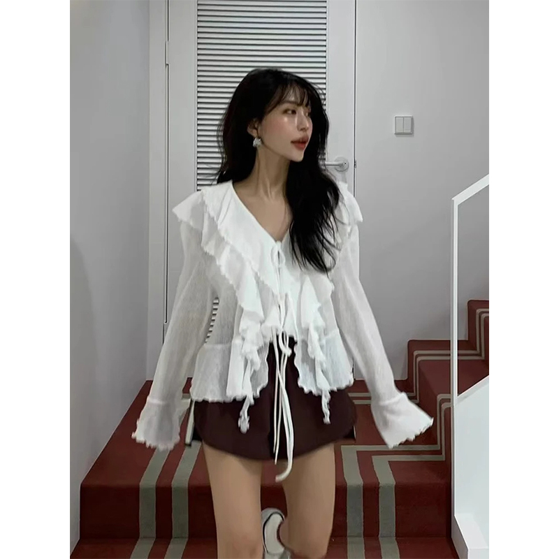 MEXZT 자른 흰색 셔츠 여성 패션 프릴 붕대 핑크  - Sewing V 리뷰 및 가격